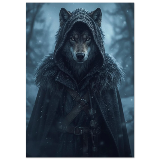 Mytisk varg i mörkgrå huva och mantel – fantasy djurposter