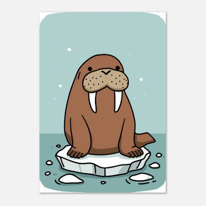 Charmig valrossillustration med runda former och snöfall, dekorativ väggkonst