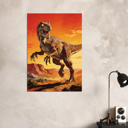 Raptor poster hängande på ljus vägg bredvid svart skrivbordslampa och klocka – Tecknad poster