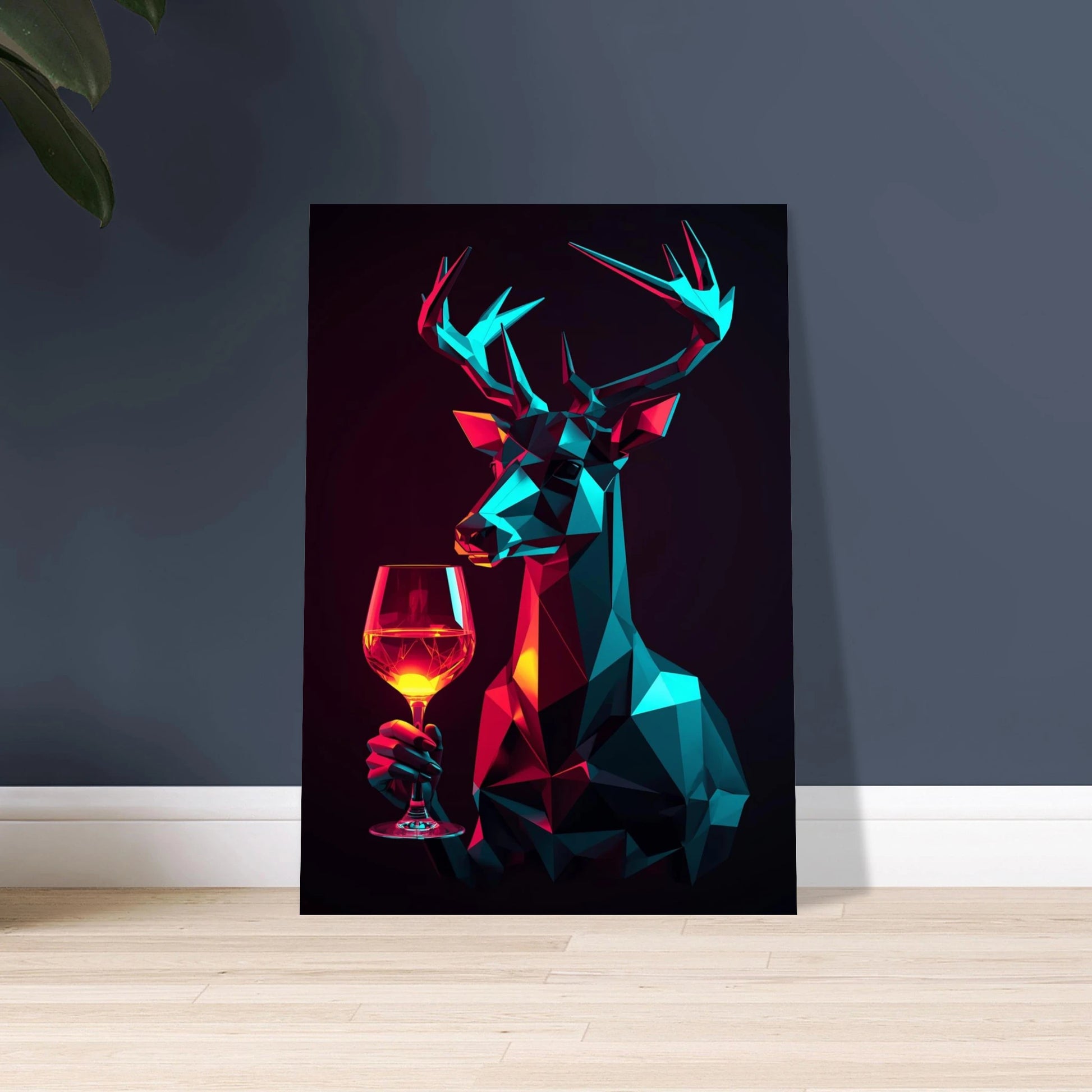 Geometrisk hjort i neonfärger med ett glas vin, abstrakt konst.