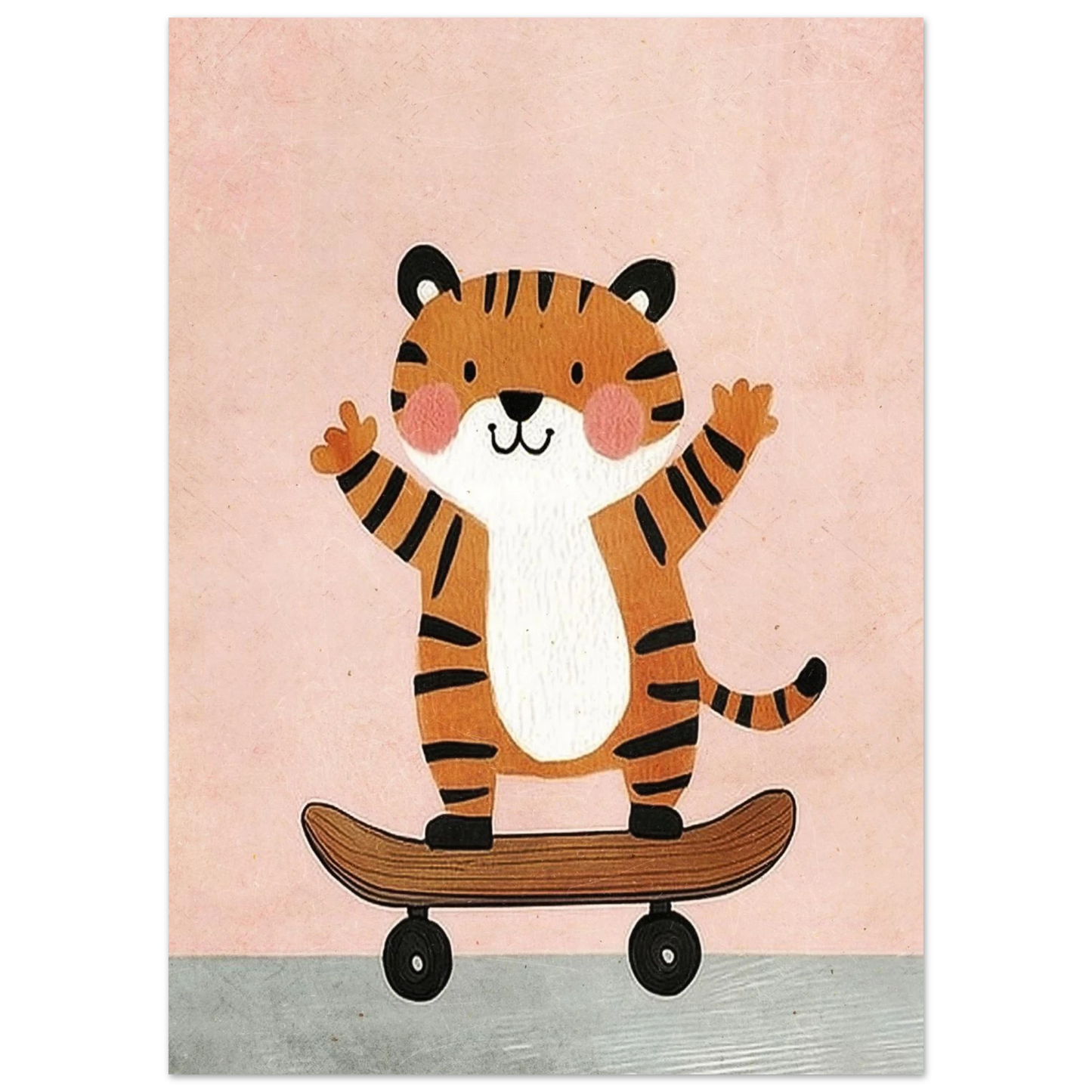 Närbild på illustrerad tiger som åker skateboard, lekfullt djurmotiv