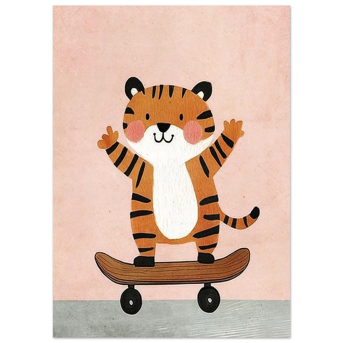 Närbild på illustrerad tiger som åker skateboard, lekfullt djurmotiv