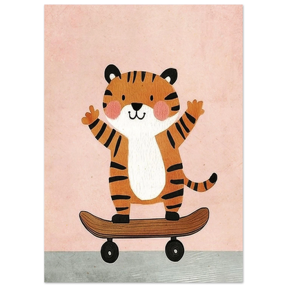 Närbild på illustrerad tiger som åker skateboard, lekfullt djurmotiv