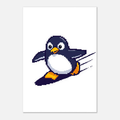 Färgglad djurposter med en charmig pingvinkaraktär i pixelformat