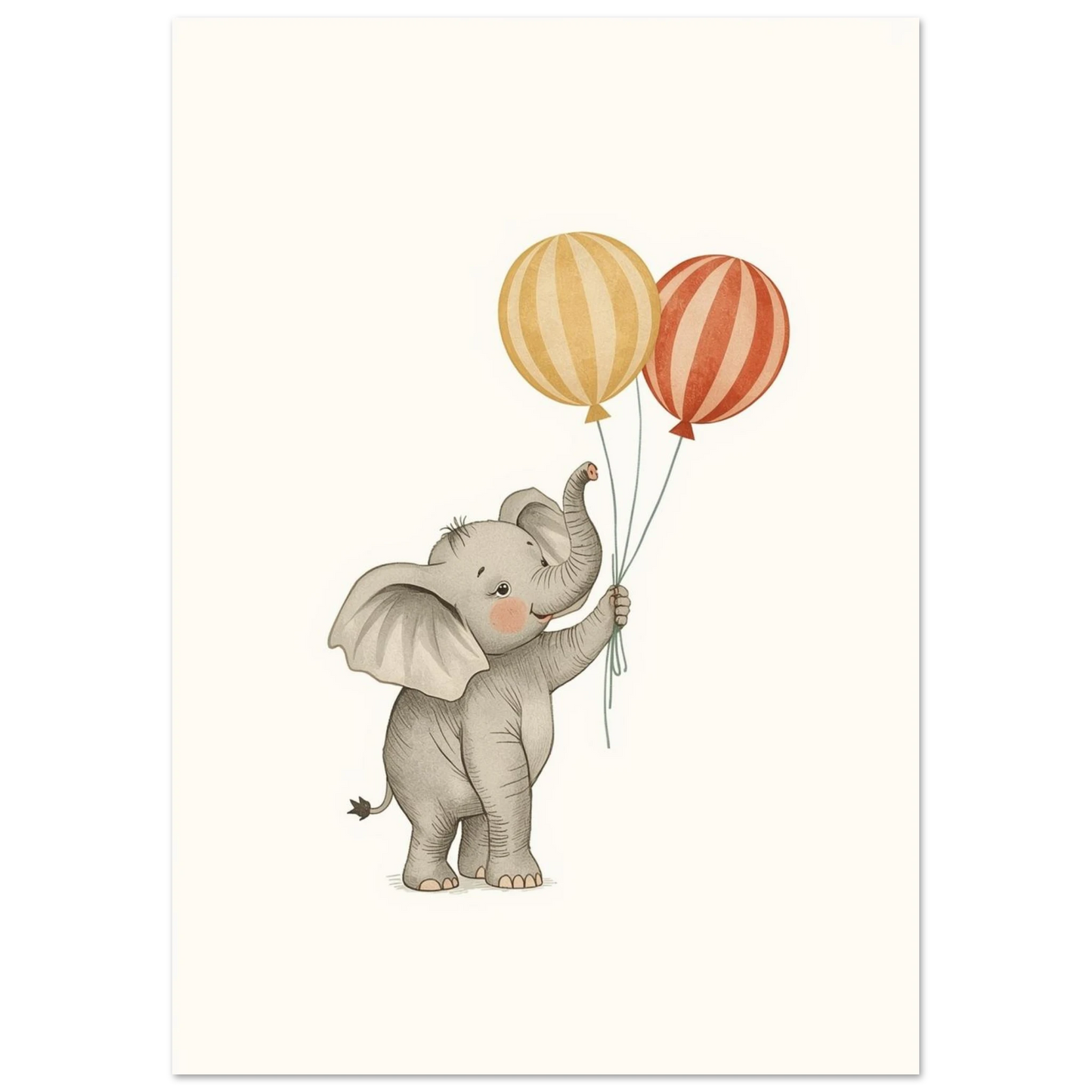 Vintageinspirerad elefantillustration med gula och röda ballonger – djurmotiv
