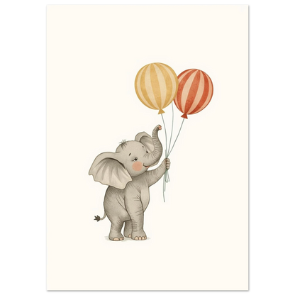 Vintageinspirerad elefantillustration med gula och röda ballonger – djurmotiv