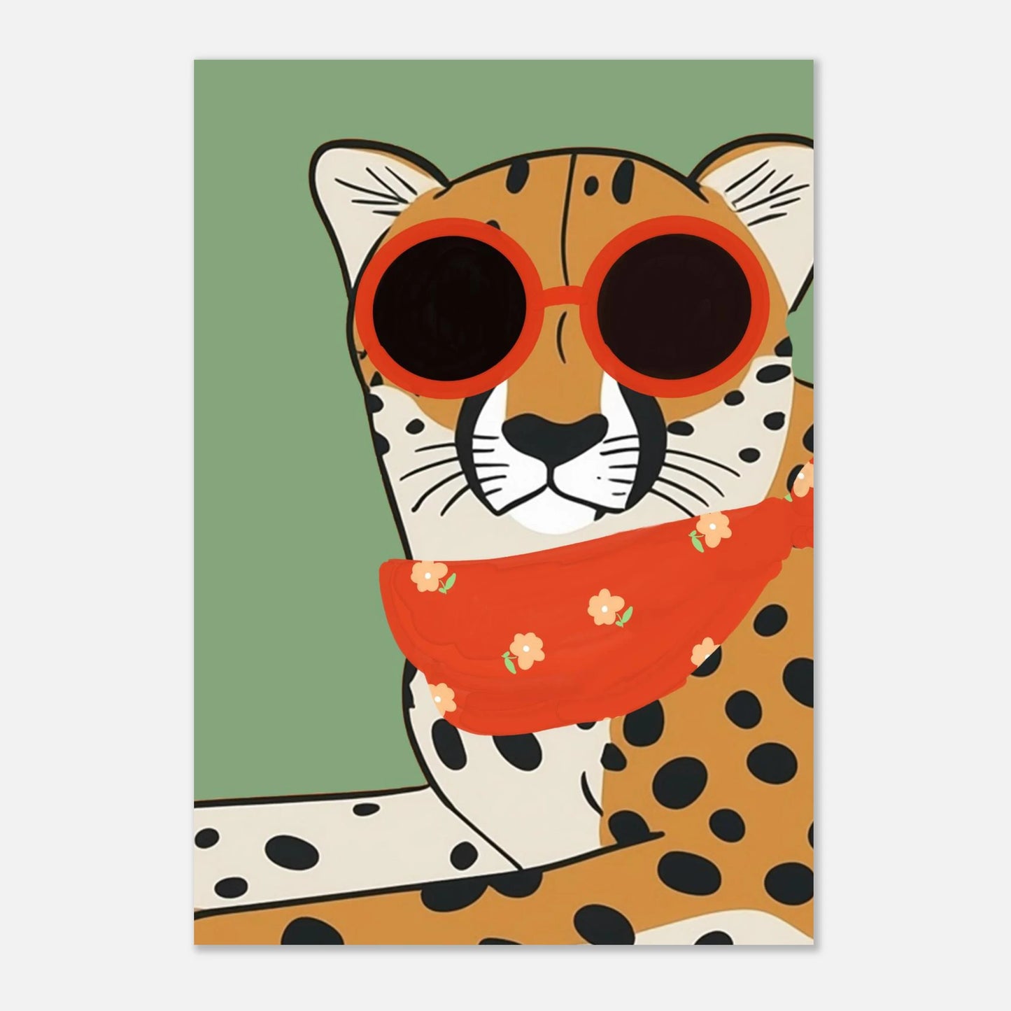 Modern illustration av en avslappnad gepard i rödblommig scarf och solglasögon