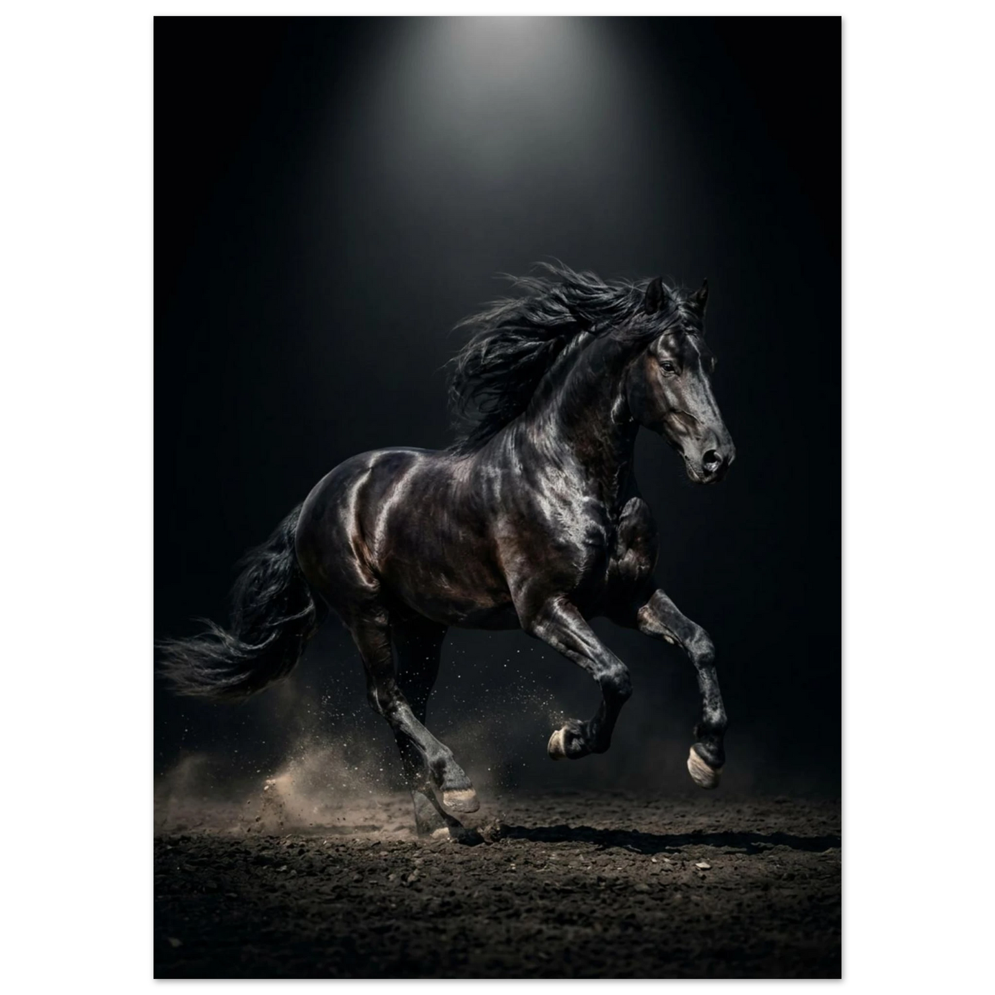Svart häst i full galopp, manen flödar, dramatisk belysning, kraftfullt djurmotiv.