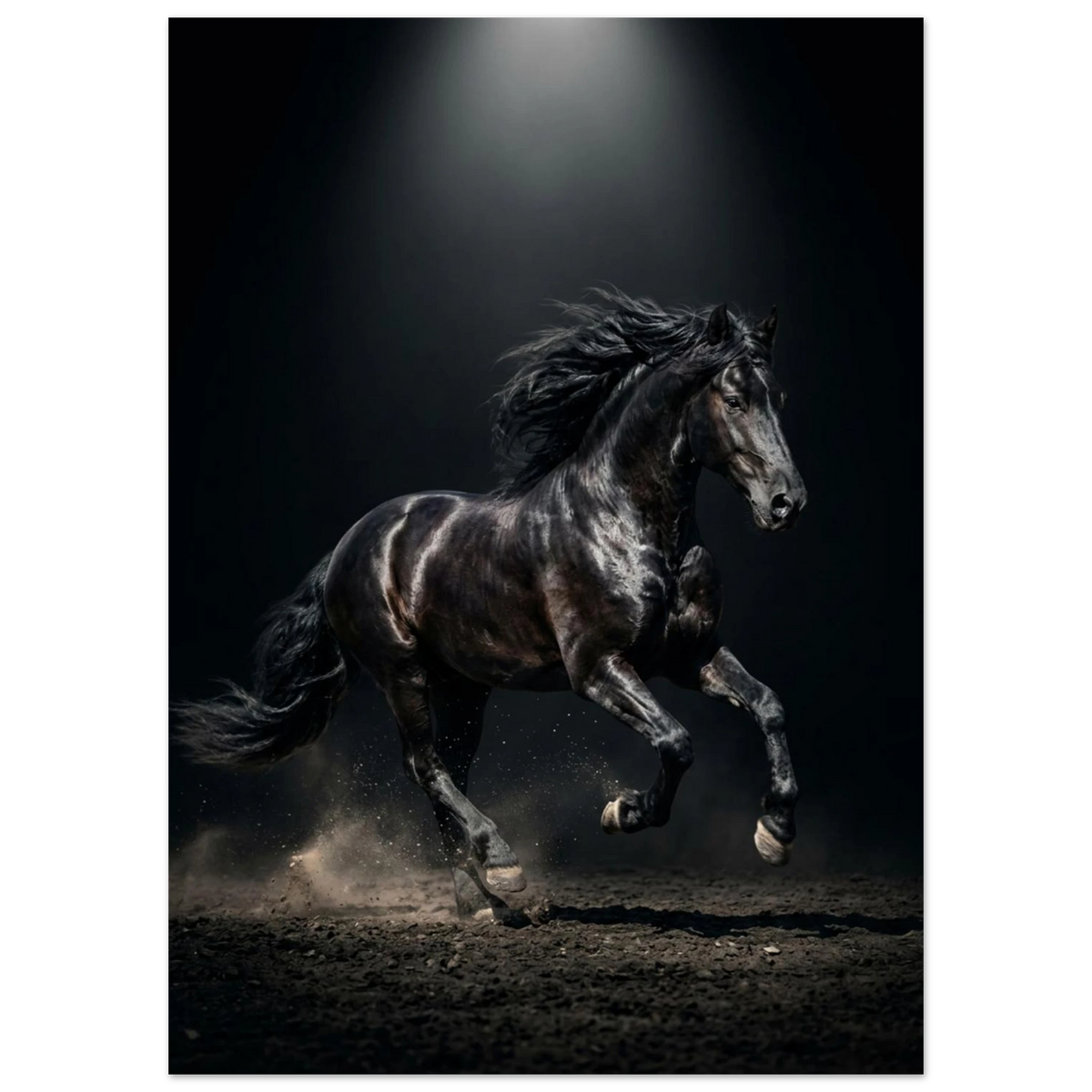 Kraftfull hästposter föreställande en springande svart hingst i spotlight