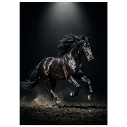 Svart häst i full galopp, manen flödar, dramatisk belysning, kraftfullt djurmotiv.
