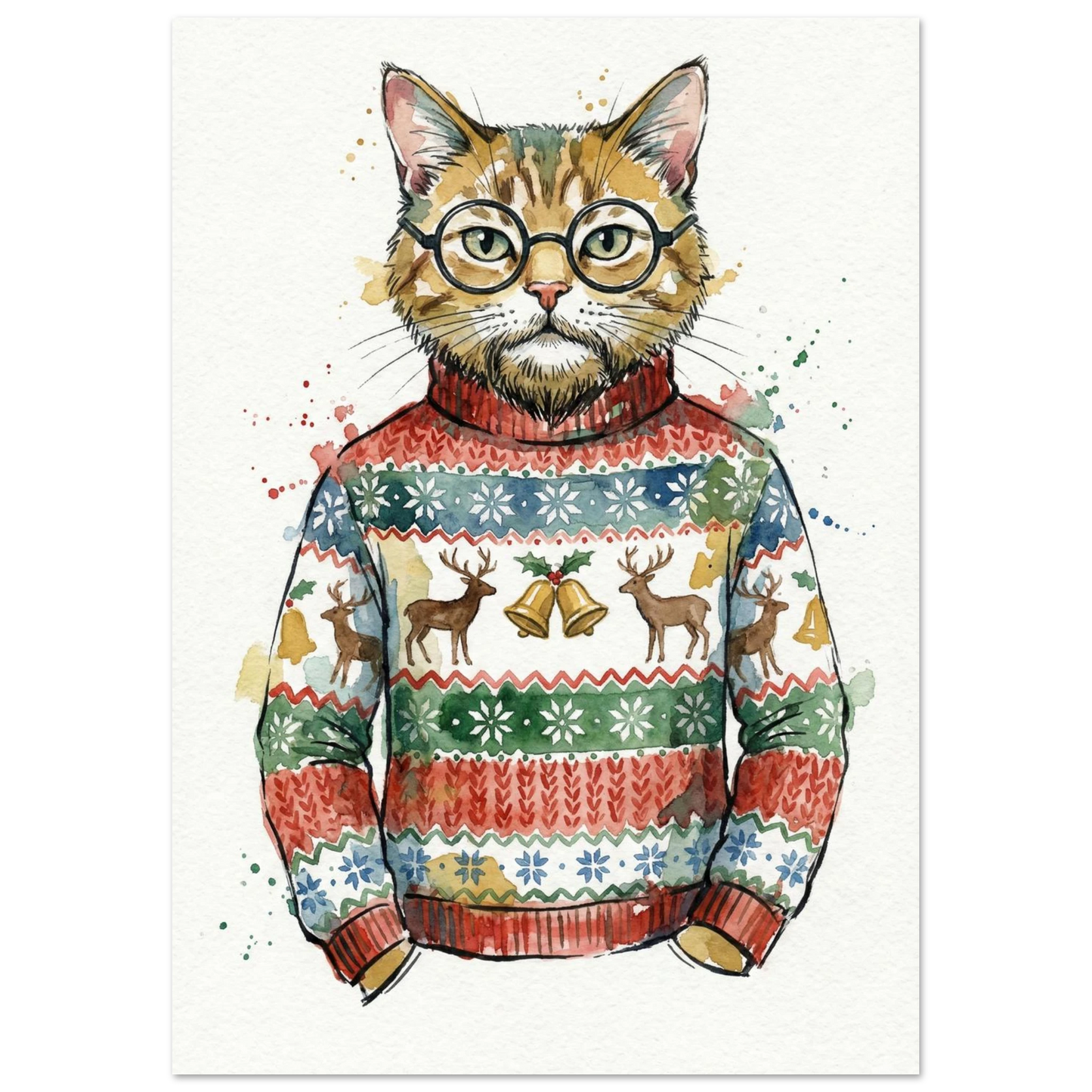 Kattmotiv i akvarell föreställande en katt i mönstrad jultröja med klockor
