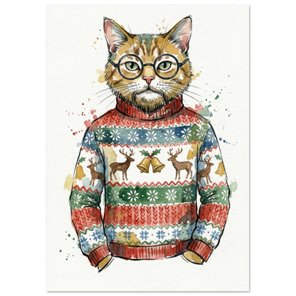 Kattmotiv i akvarell föreställande en katt i mönstrad jultröja med klockor