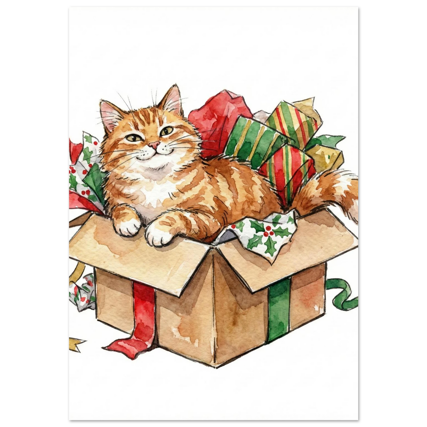 Orange tabbykatt i en brun pappkartong med julklappar, akvarellmålning