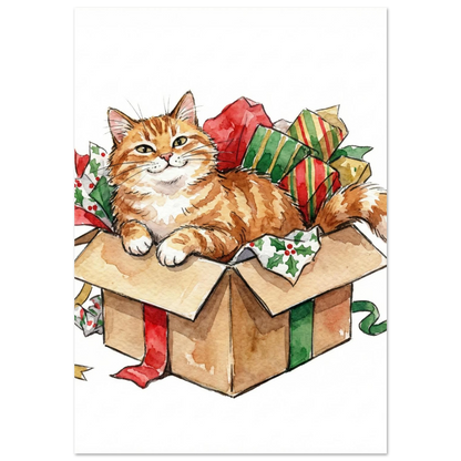 Orange tabbykatt i en brun pappkartong med julklappar, akvarellmålning