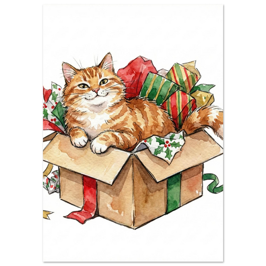 Orange tabbykatt i en brun pappkartong med julklappar, akvarellmålning