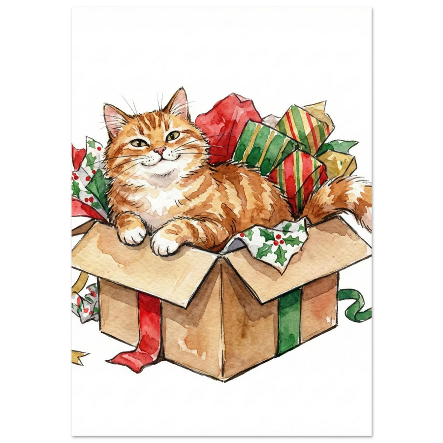 Orange tabbykatt i en brun pappkartong med julklappar, akvarellmålning