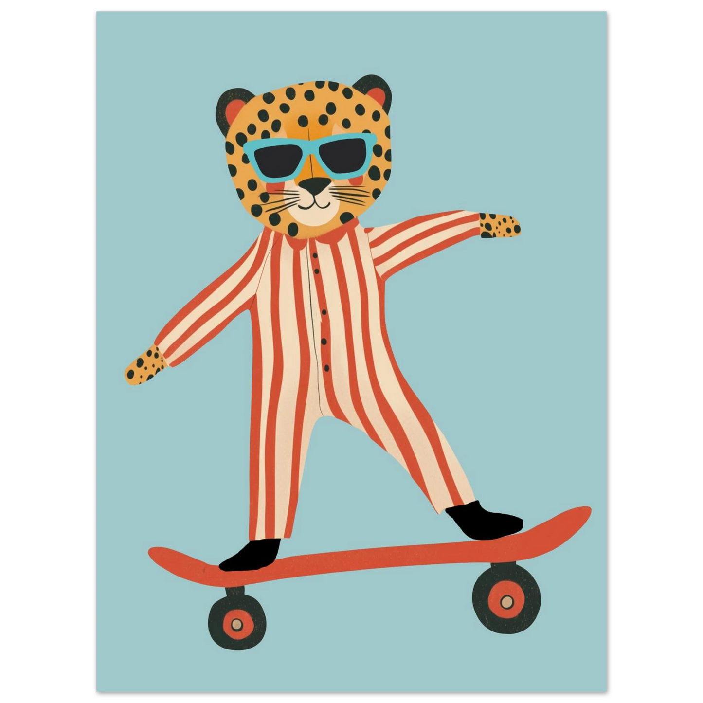 Färgglad djurillustration av en leopard som sportar på skateboard
