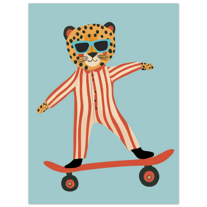 Färgglad djurillustration av en leopard som sportar på skateboard