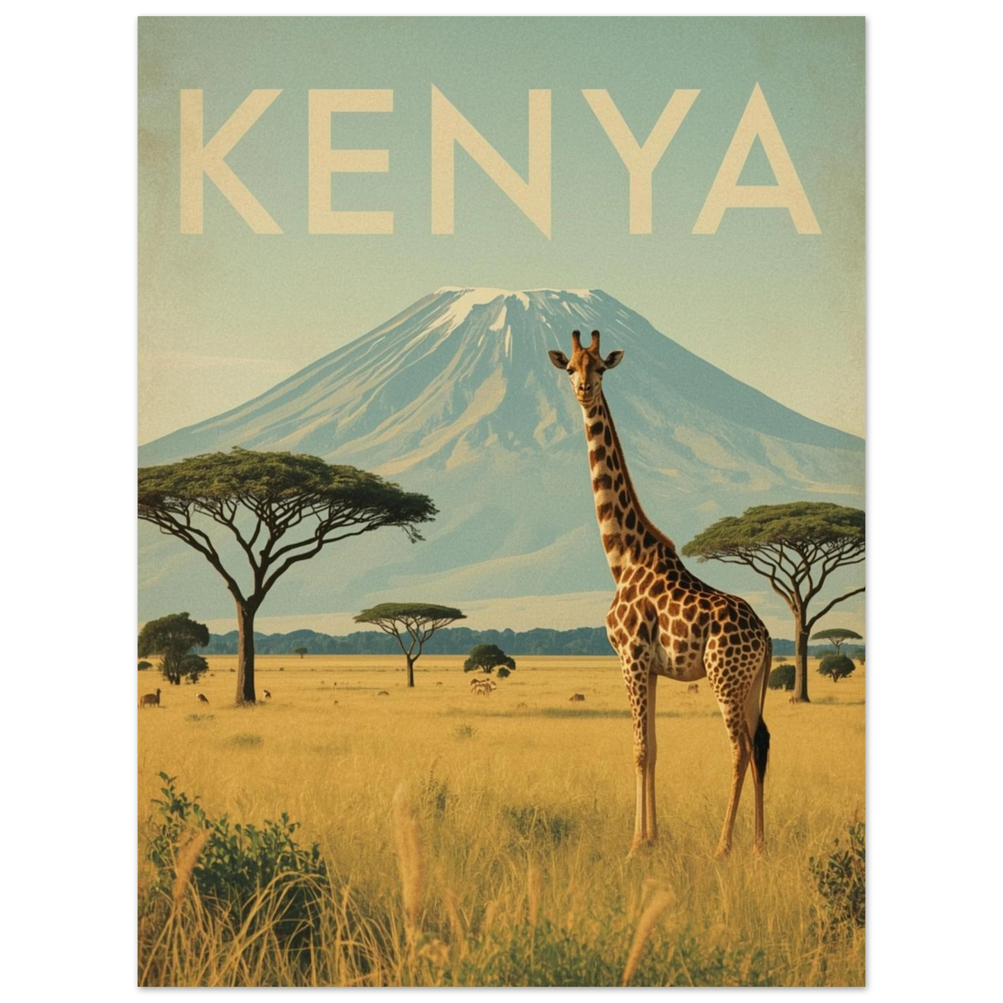Klassisk reseposter föreställande giraff vid foten av Kilimanjaro