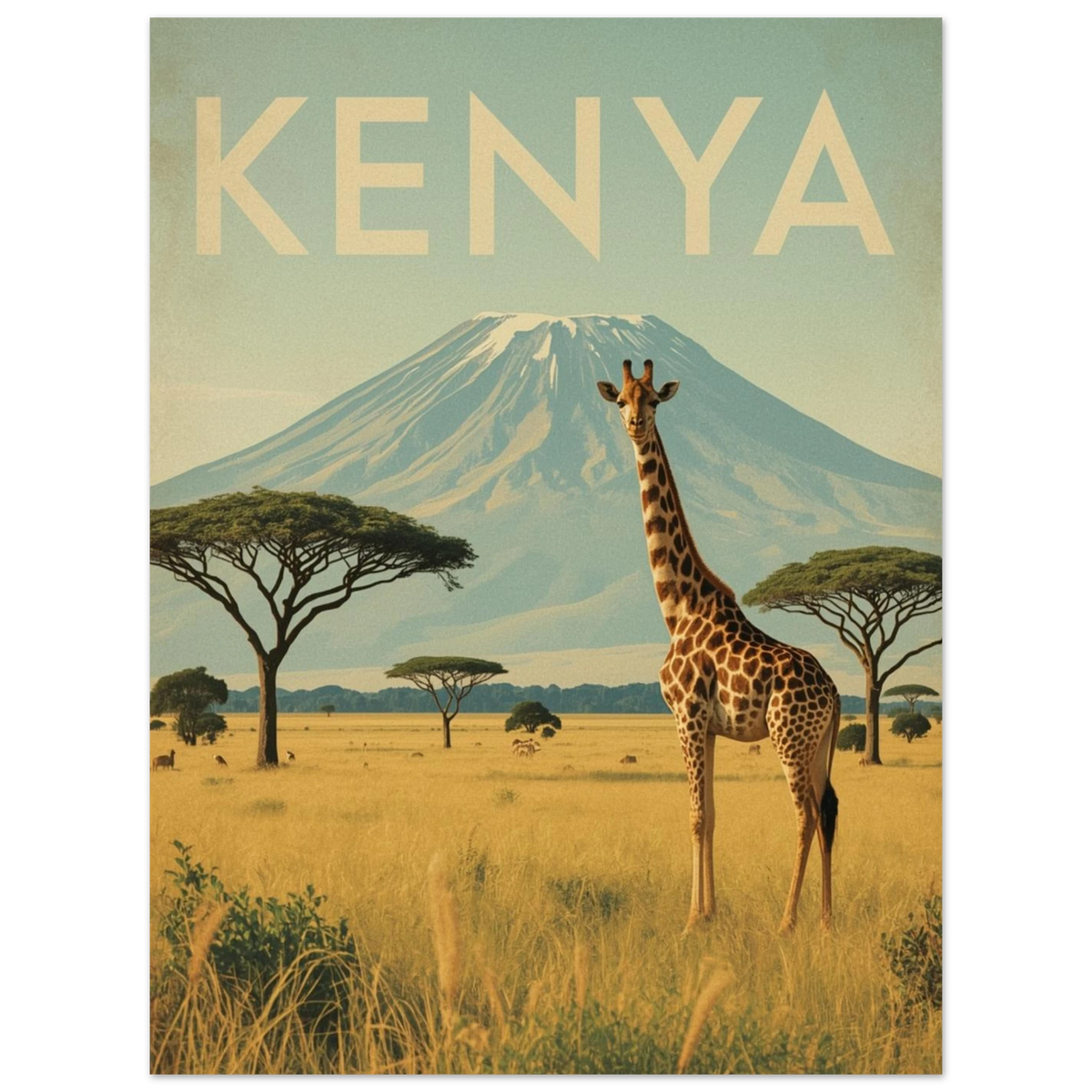 Klassisk reseposter föreställande giraff vid foten av Kilimanjaro