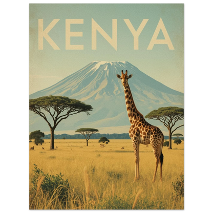 Klassisk reseposter föreställande giraff vid foten av Kilimanjaro