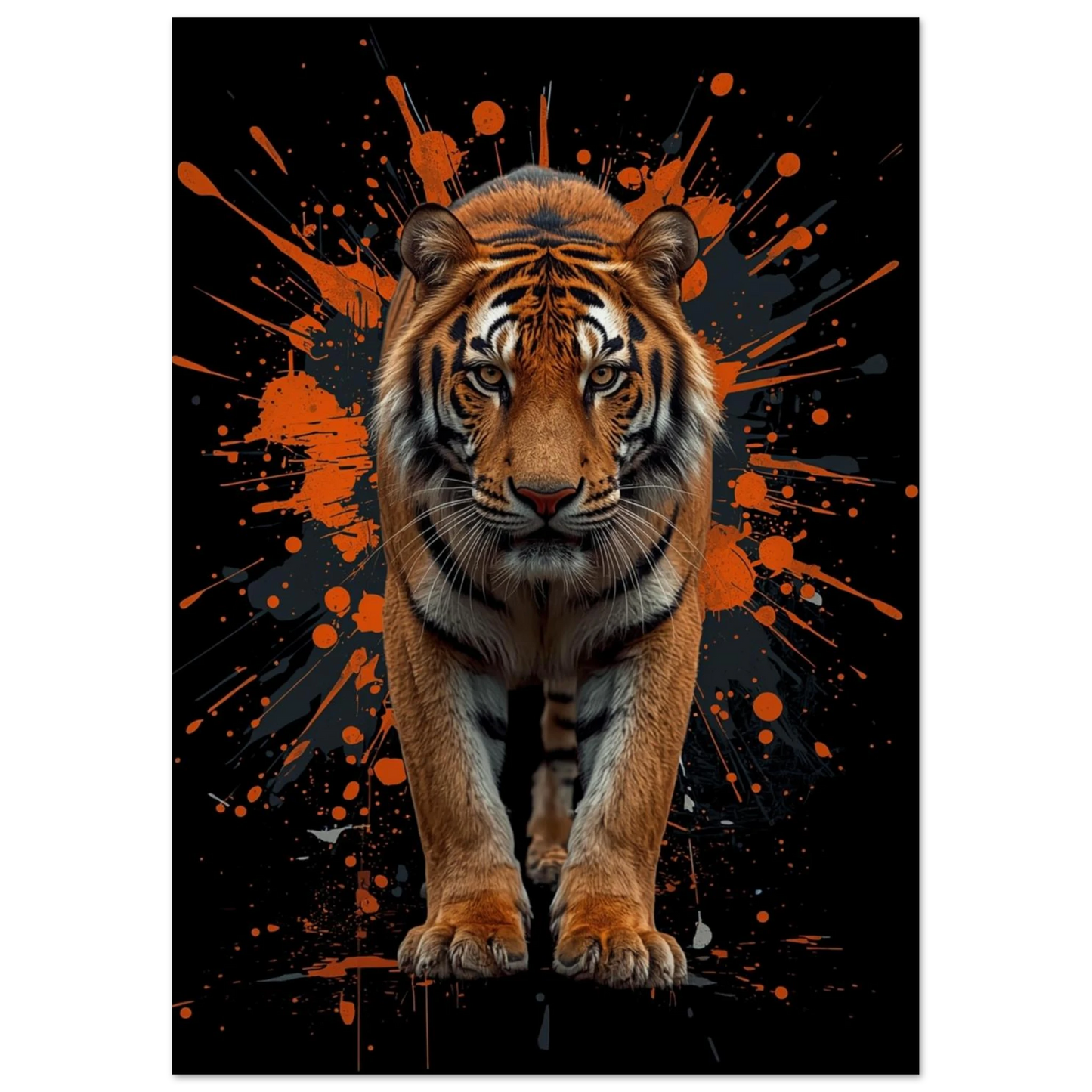 Kraftfull tigerposter med grafiska detaljer i orange och svart – väggkonst