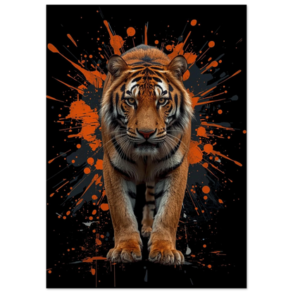 Kraftfull tigerposter med grafiska detaljer i orange och svart – väggkonst
