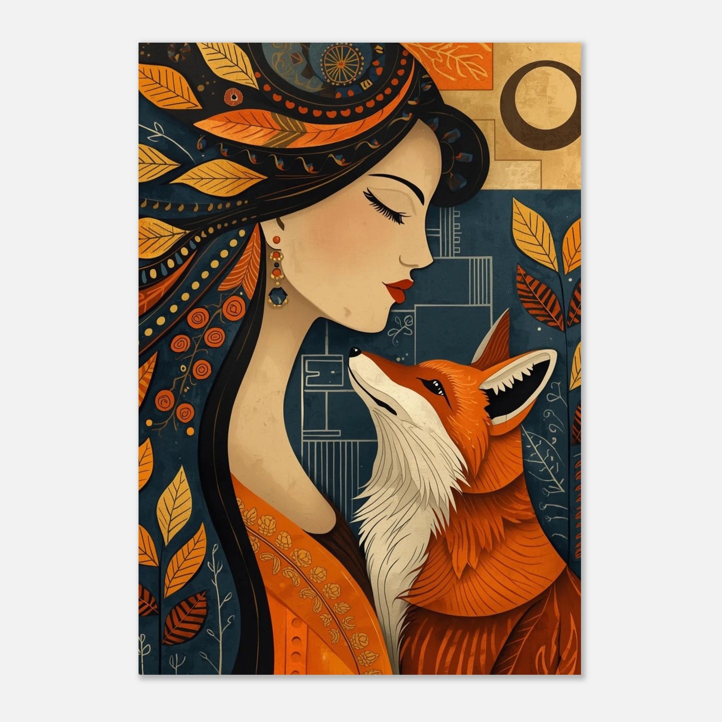 Folk art-poster med räv och kvinna mot ljus bakgrund