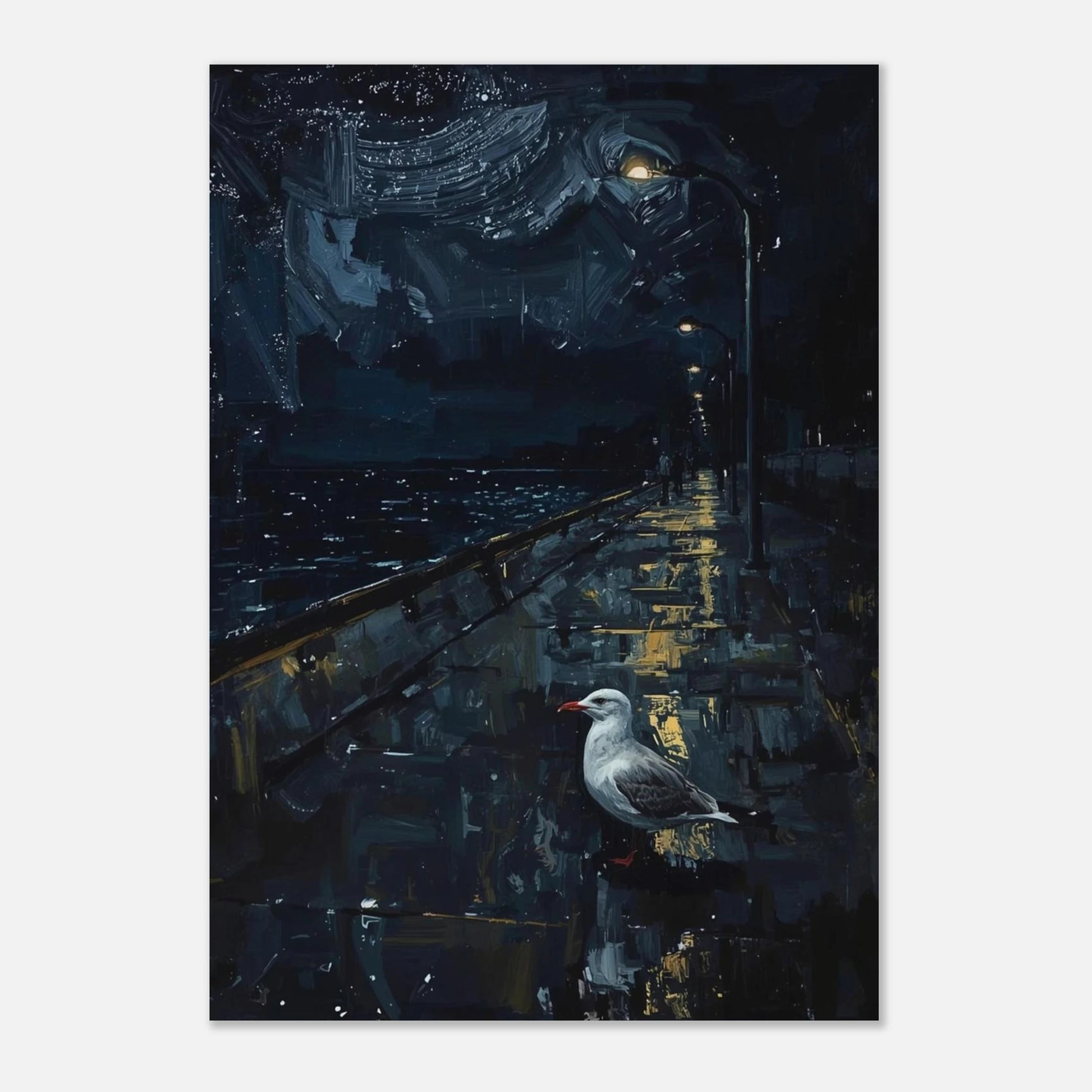 Mås på mörk kustpromenad, akrylmålning med gatlyktor och hav.