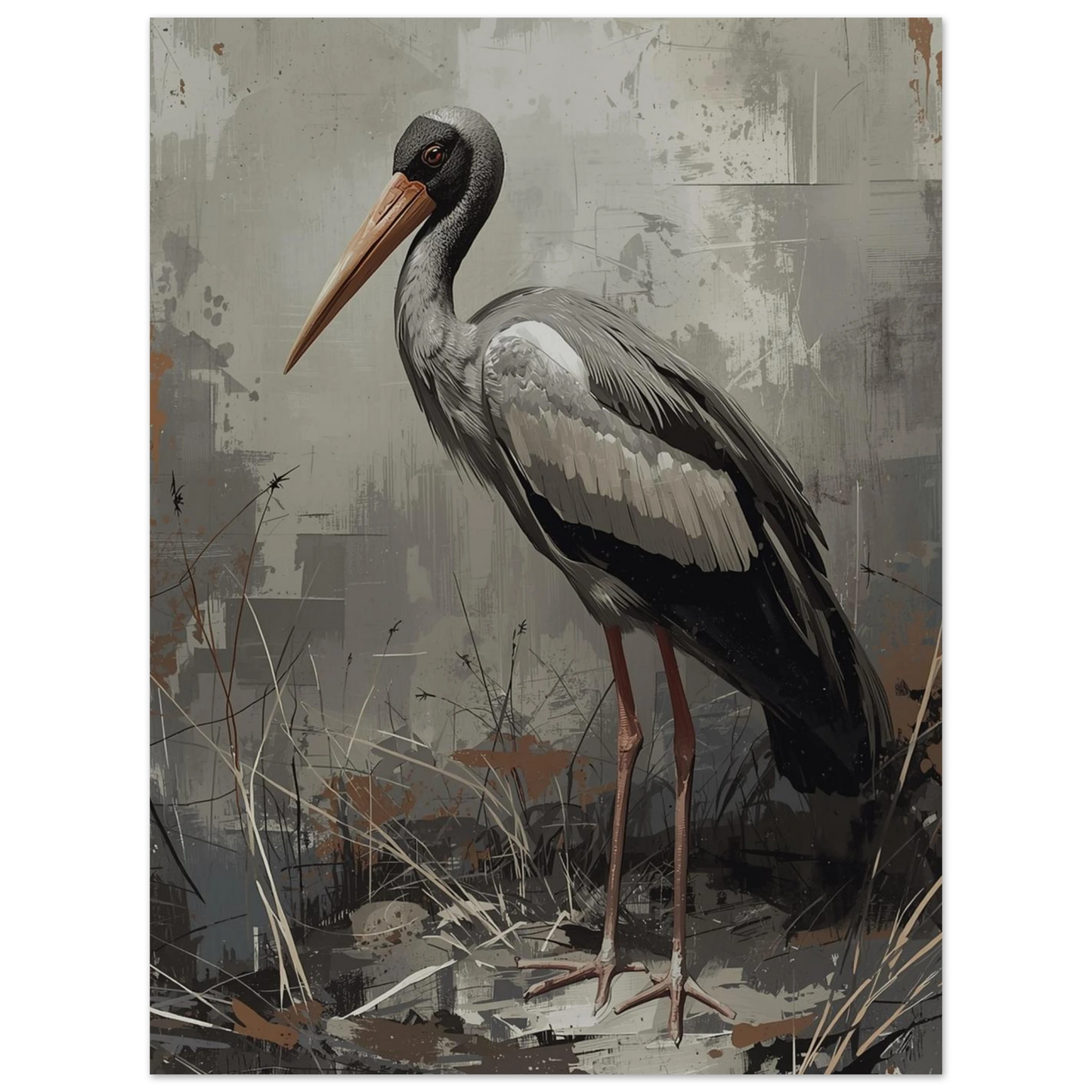 Detaljrik illustration av en stork i jordnära färger – sofistikerat djurmotiv