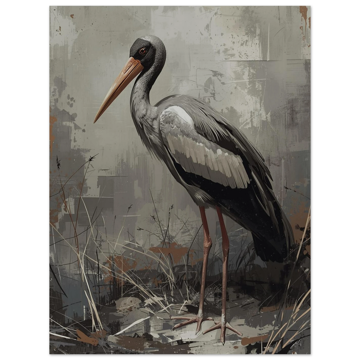 Detaljrik illustration av en stork i jordnära färger – sofistikerat djurmotiv