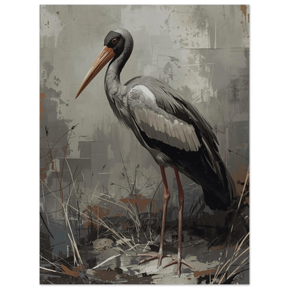 Detaljrik illustration av en stork i jordnära färger – sofistikerat djurmotiv