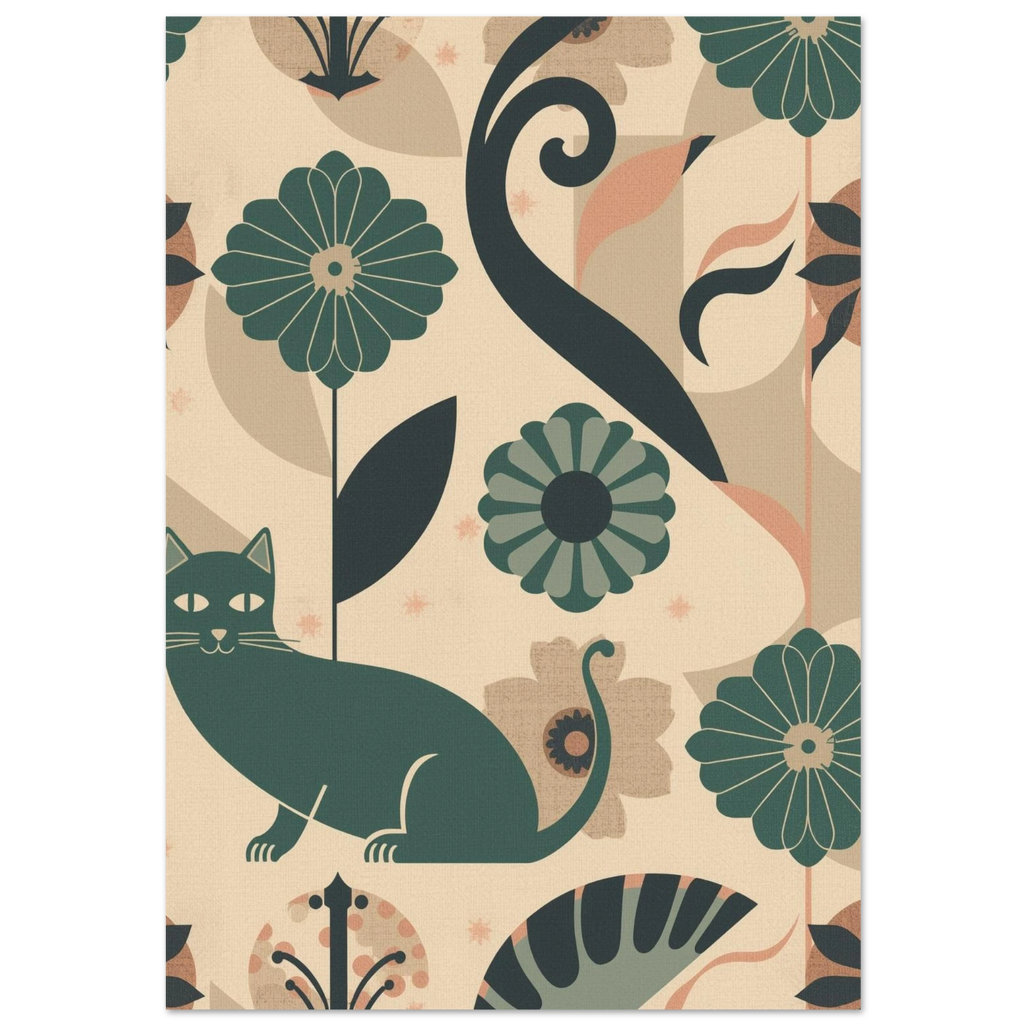 Mörkgrön katt i art deco-mönster med beige bakgrund och blommor
