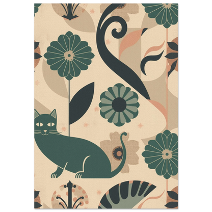 Mörkgrön katt i art deco-mönster med beige bakgrund och blommor