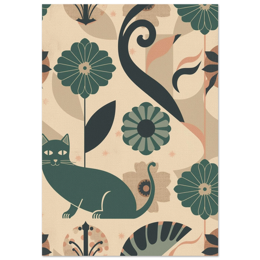 Mörkgrön katt i art deco-mönster med beige bakgrund och blommor