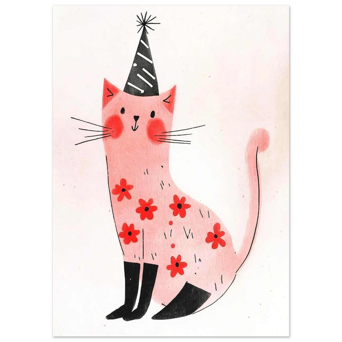 Grafisk illustration av en festlig rosa katt med blommönster på kroppen