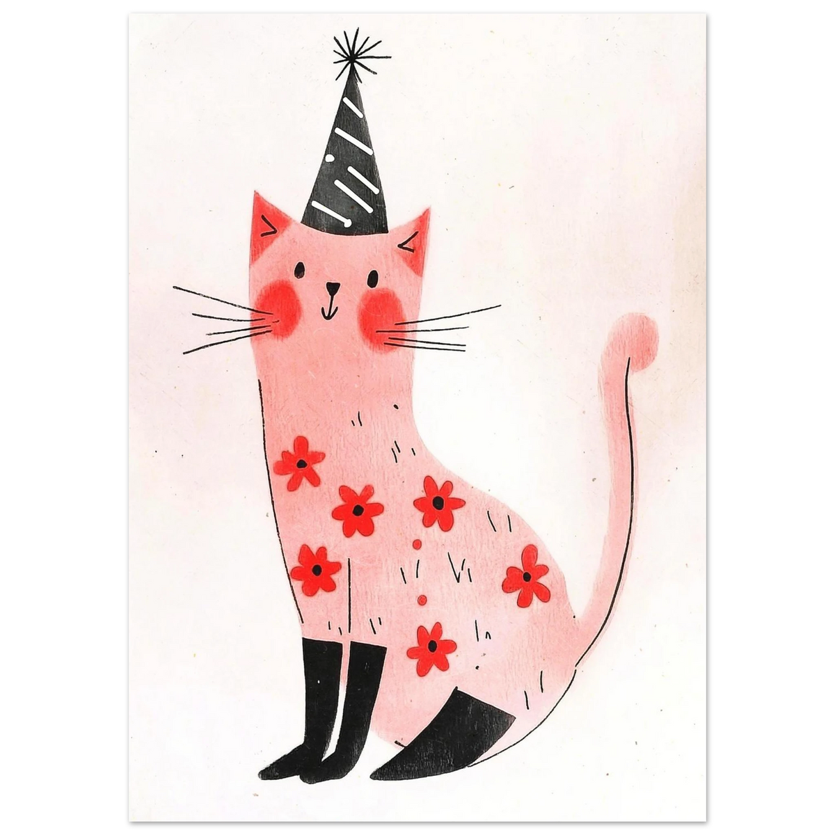 Grafisk illustration av en festlig rosa katt med blommönster på kroppen