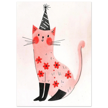 Grafisk illustration av en festlig rosa katt med blommönster på kroppen