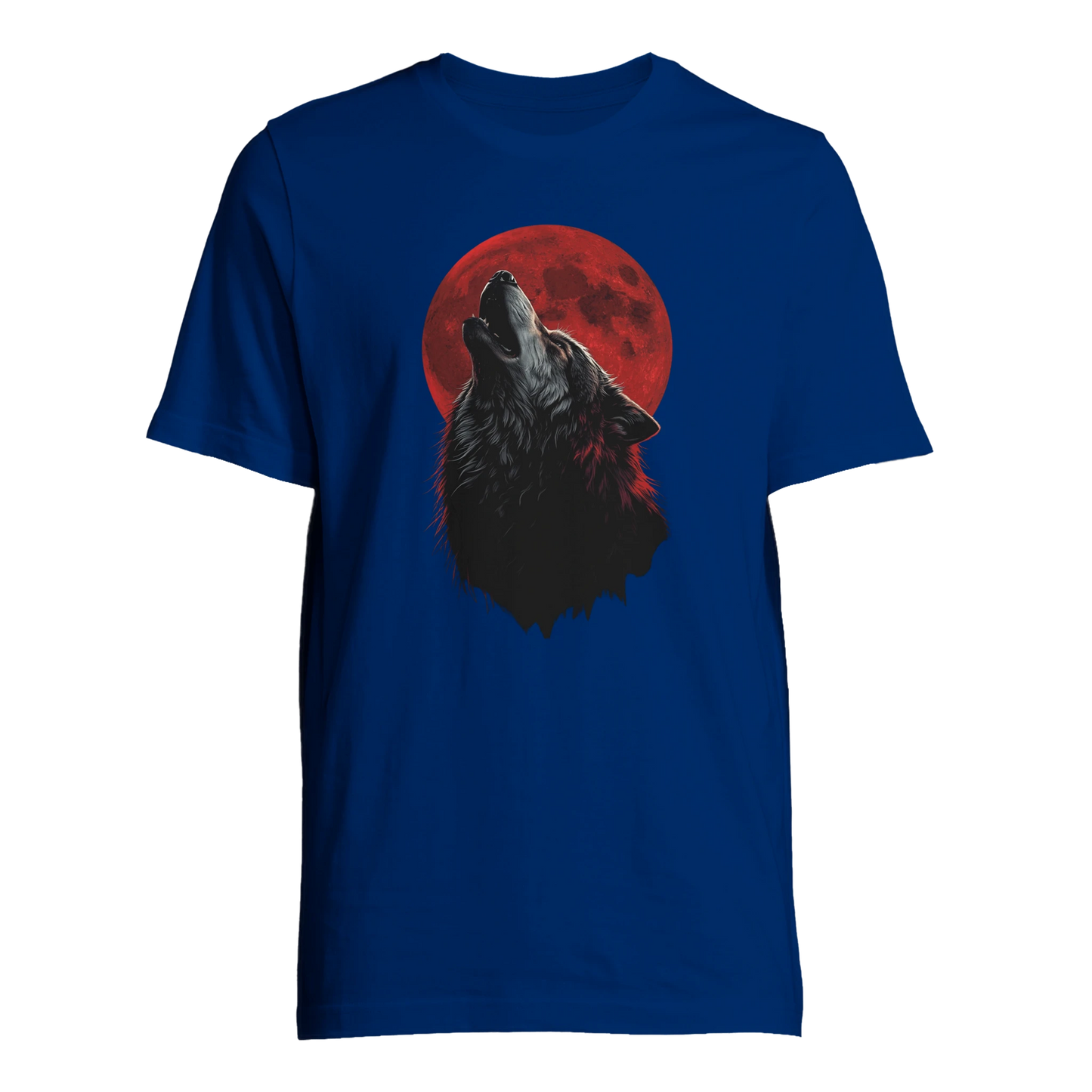 Ylande varg med blodmåne-motiv på royalblå t-shirt, visad framifrån – Tecknad t-shirt