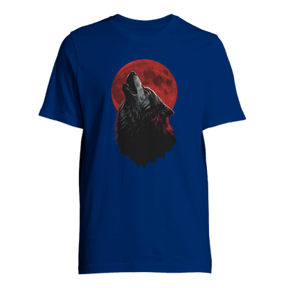 Ylande varg med blodmåne-motiv på royalblå t-shirt, visad framifrån – Tecknad t-shirt