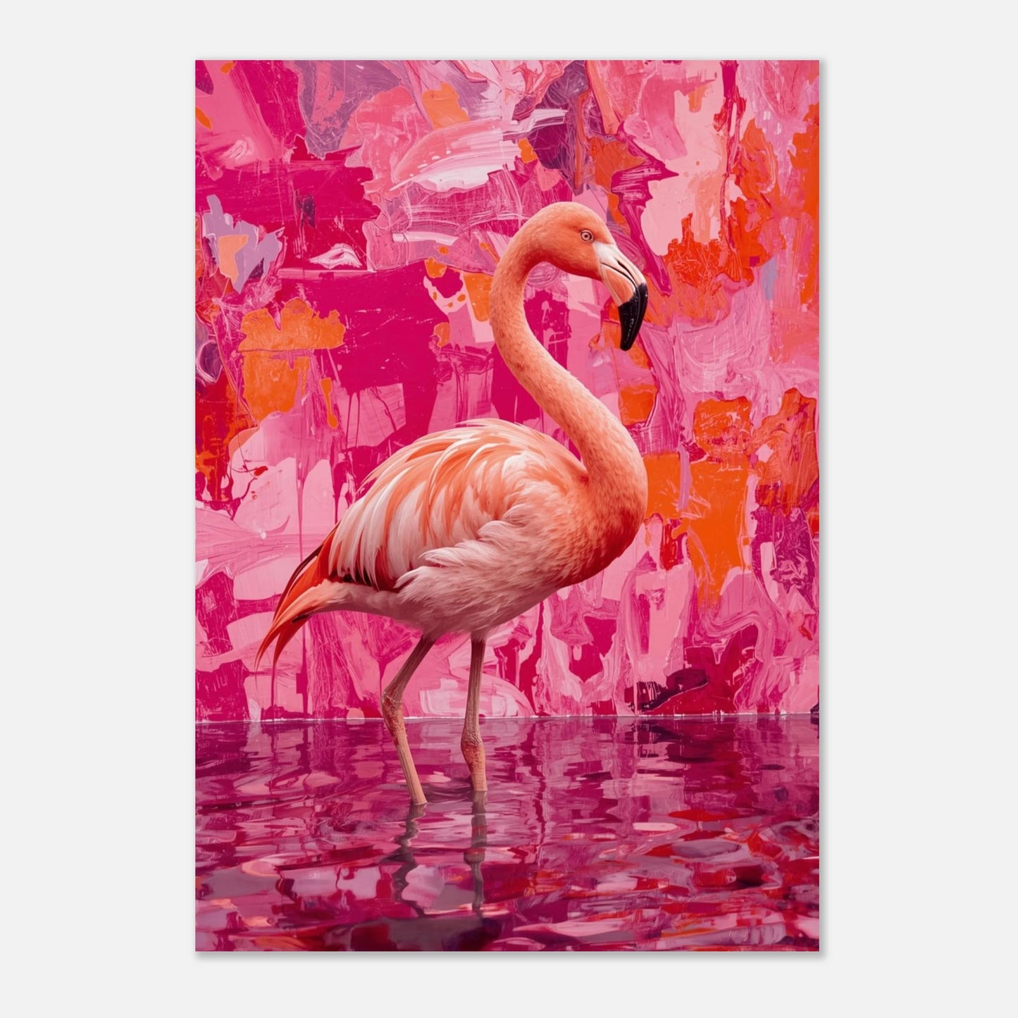 Modern väggkonst föreställande en flamingo i ett drömskt rosa landskap