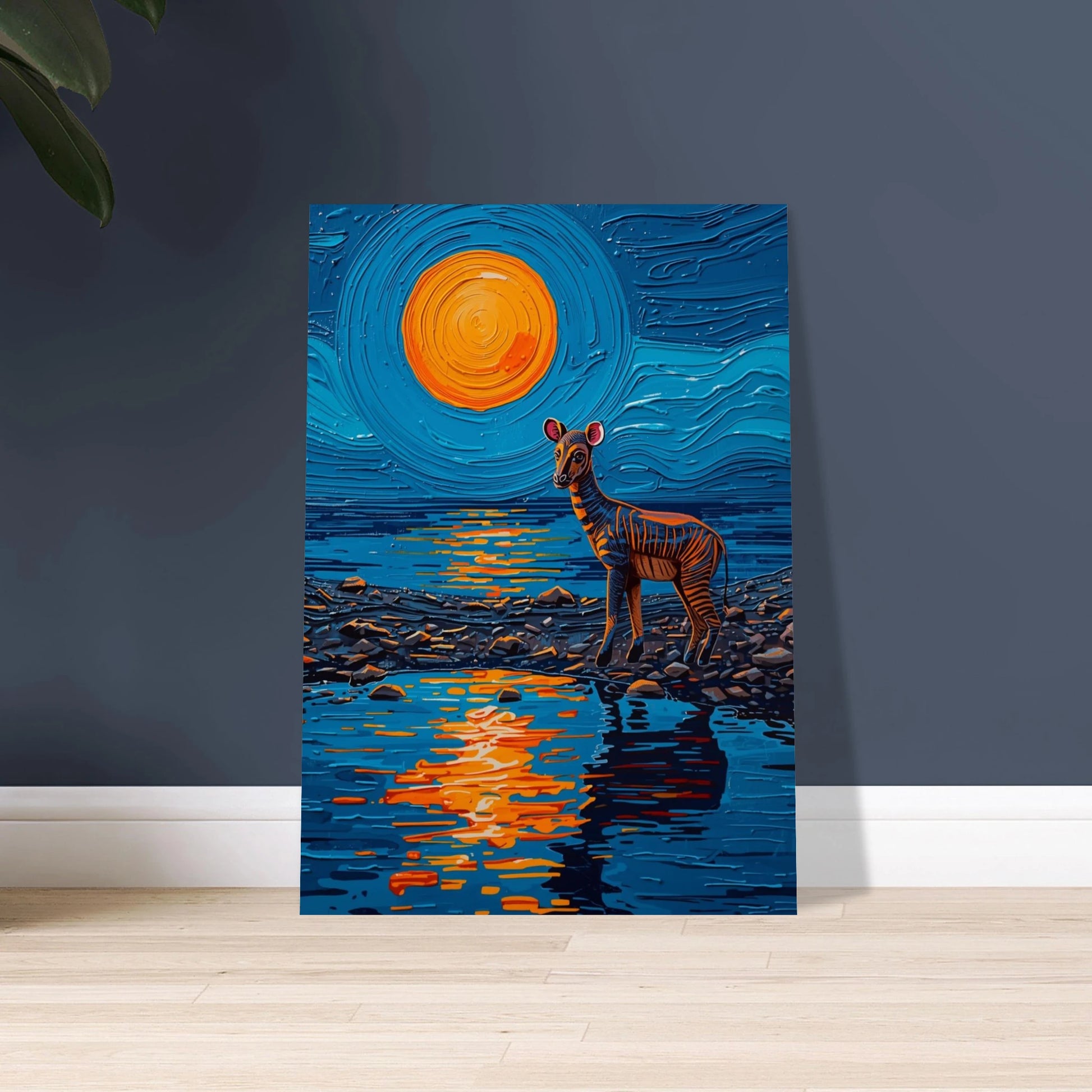 Okapi i impasto-stil vid vatten under orange måne