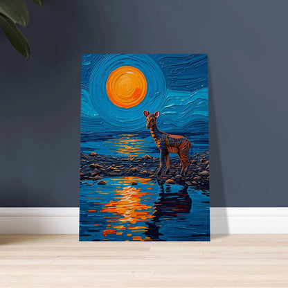 Okapi i impasto-stil vid vatten under orange måne