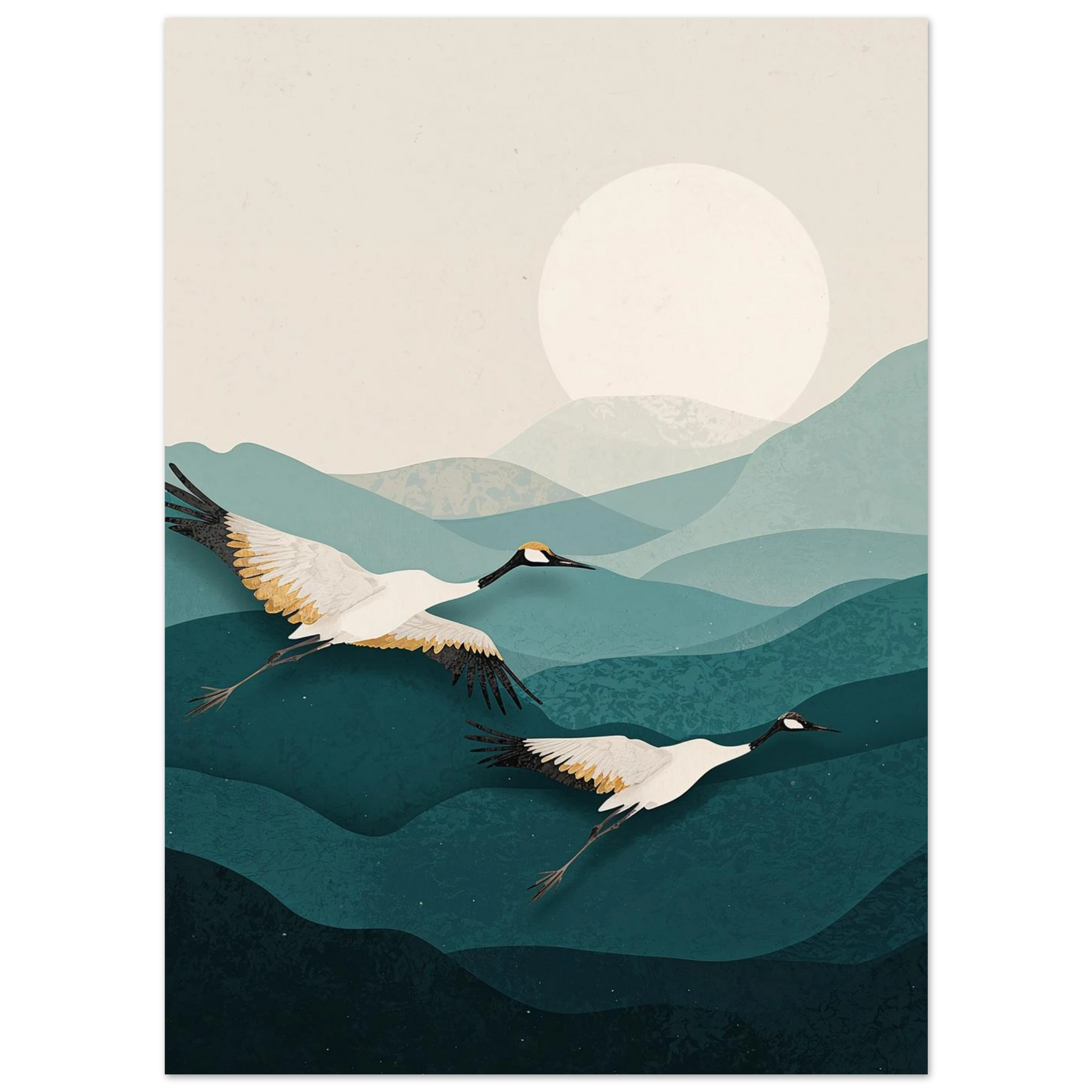 Stämningsfull tavla föreställande flyttfåglar över ett tidlöst landskap – Retro poster