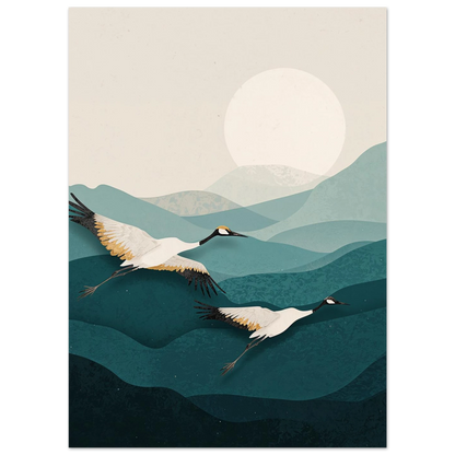 Stämningsfull tavla föreställande flyttfåglar över ett tidlöst landskap – Retro poster
