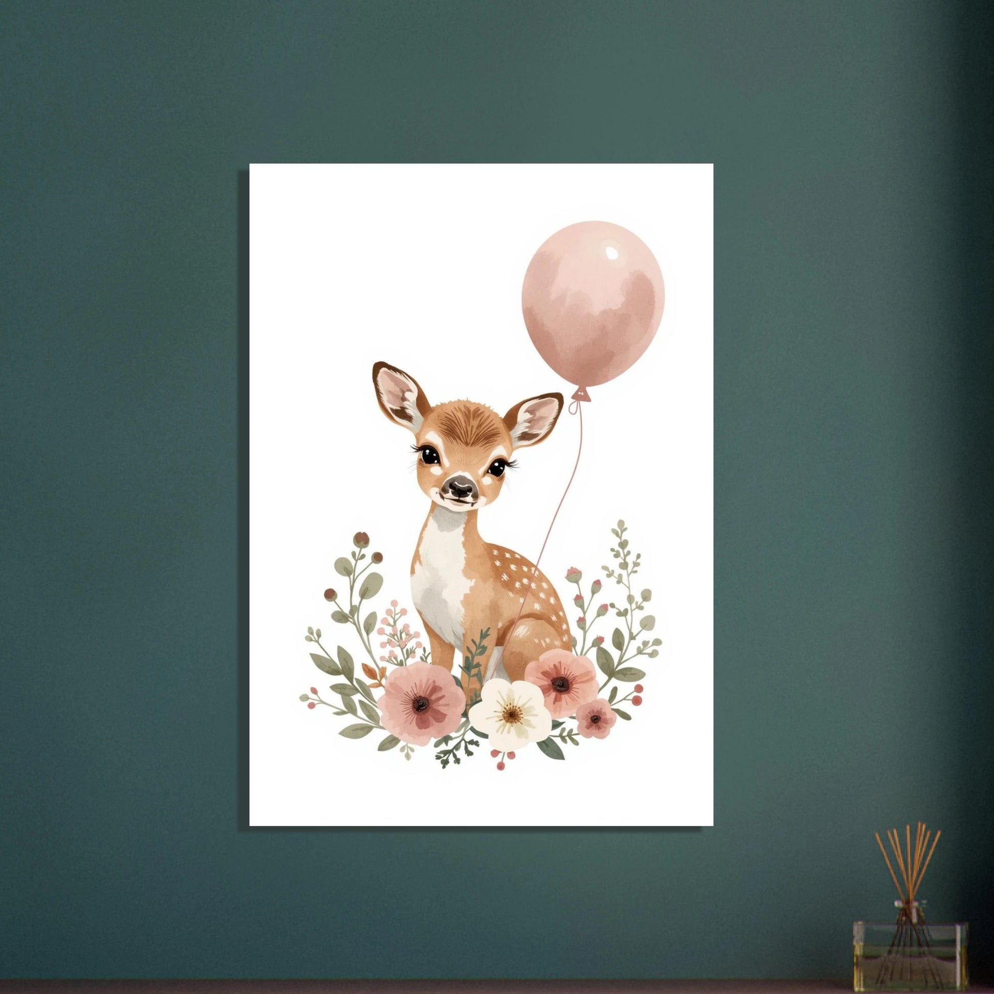 Sött rådjur i akvarell med blommor och rosa ballong.