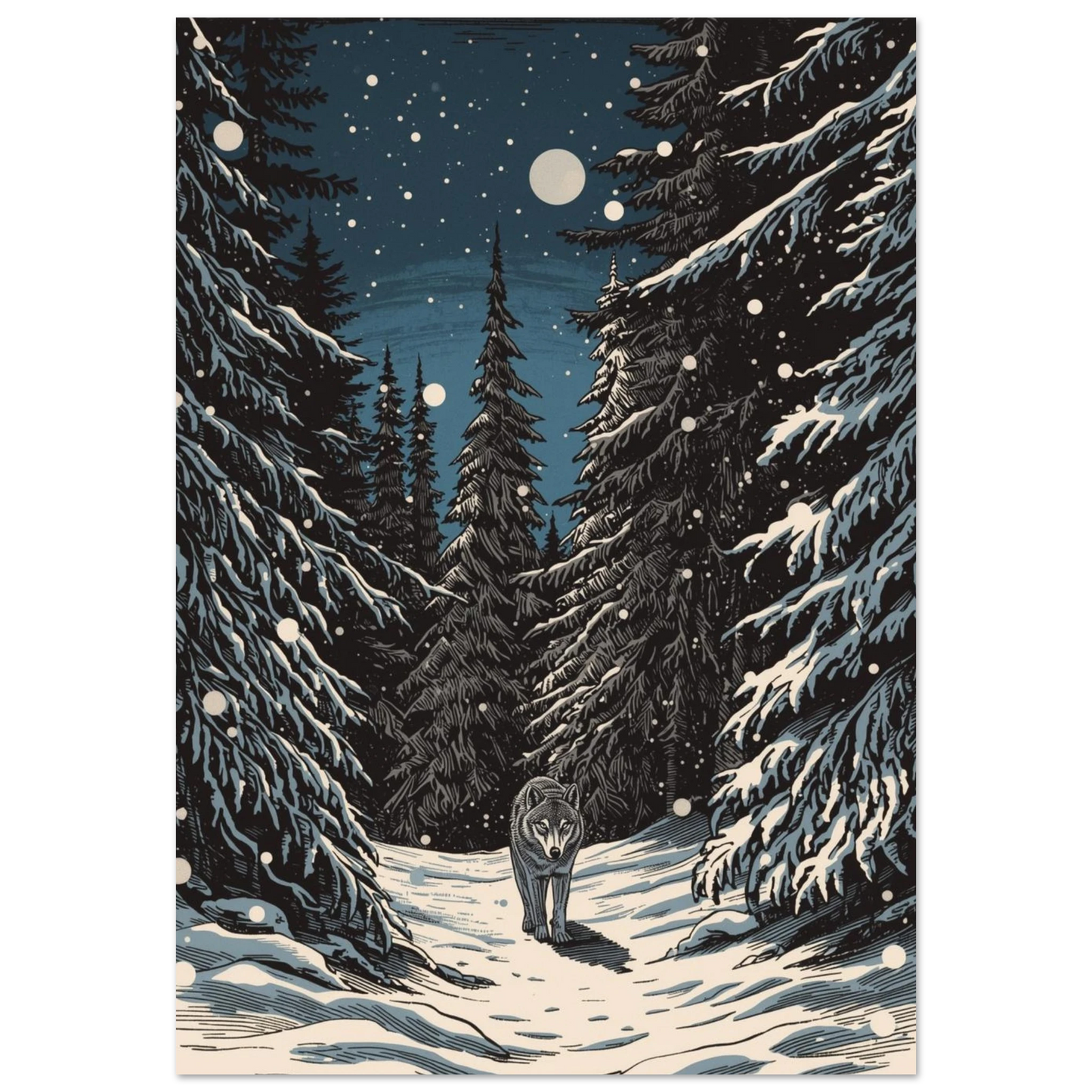 Grafisk illustration av en varg i snöig skog under midnattssol