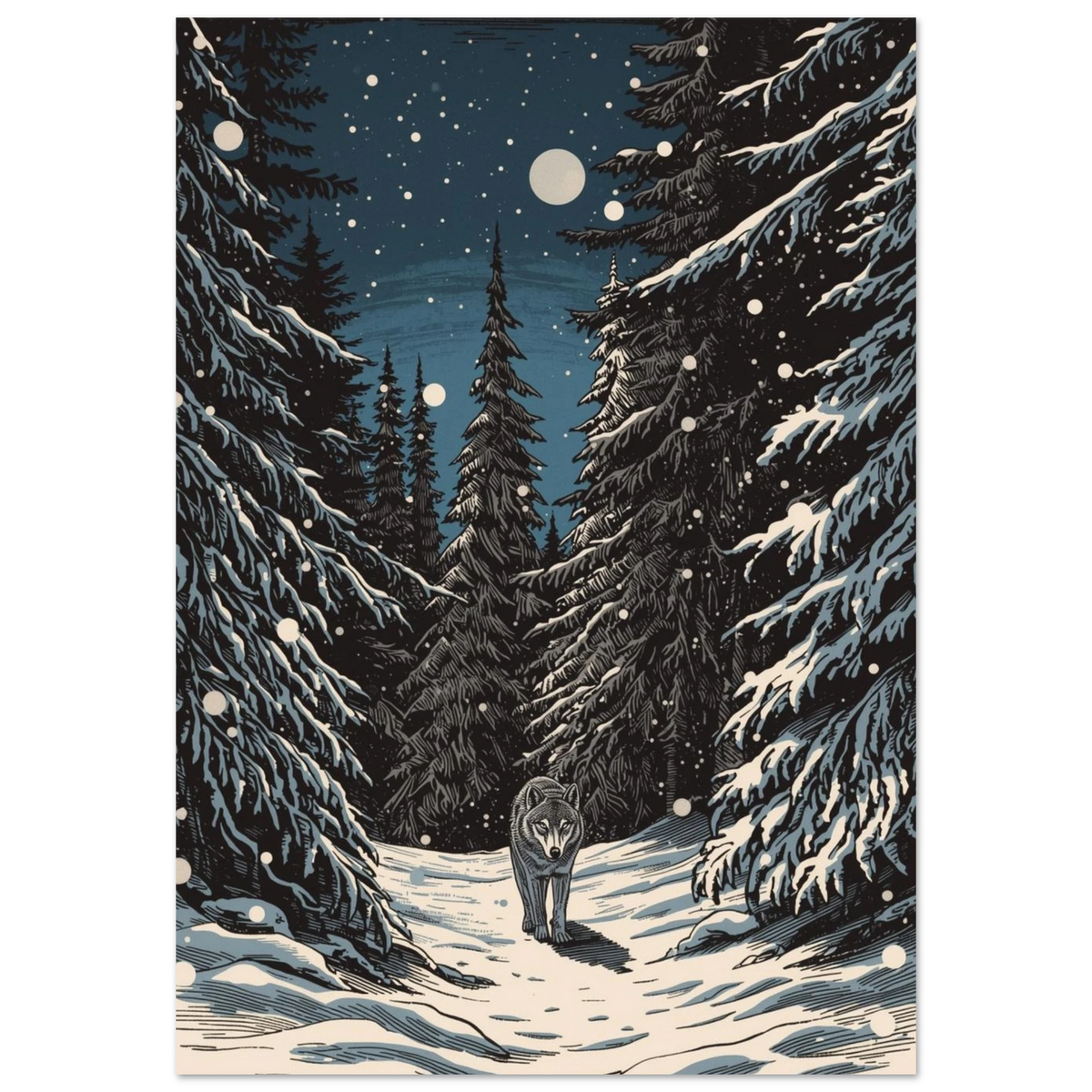 Grafisk illustration av en varg i snöig skog under midnattssol