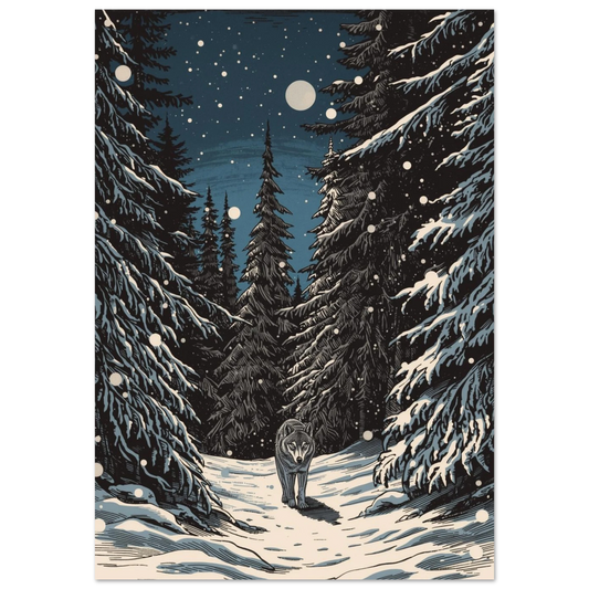 Grafisk illustration av en varg i snöig skog under midnattssol