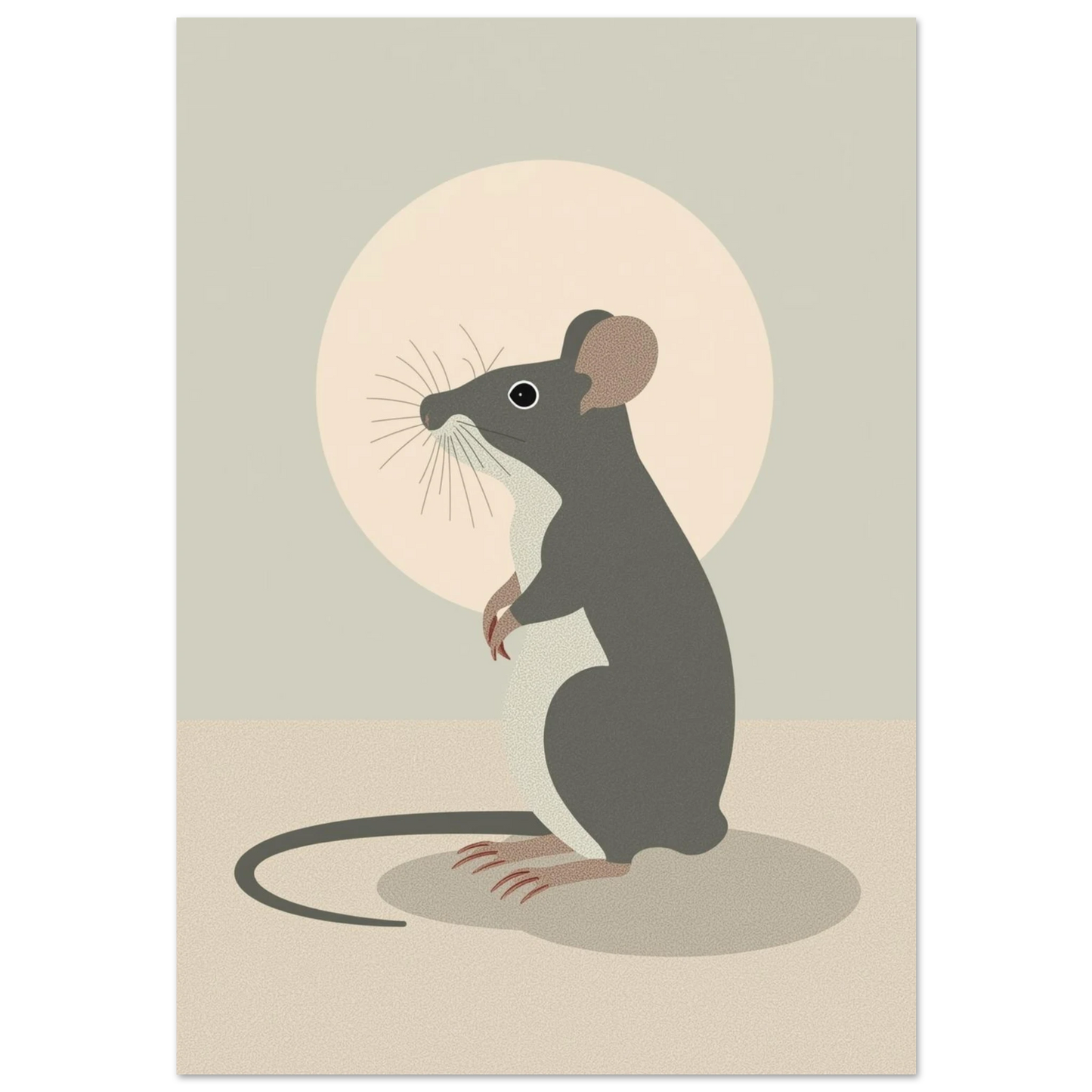 Grå mus i minimalistisk illustration med ljus cirkelbakgrund – grafisk djurposter